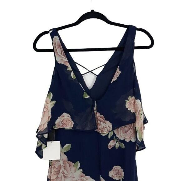 Lulu's Dress The Very Thought Of You 539682 Flounce Shawl Floral Gown Navy Sz S - Picture 9 of 16